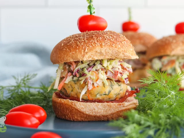 Dill Chicken Burgers with Bacon Broccoli Slaw